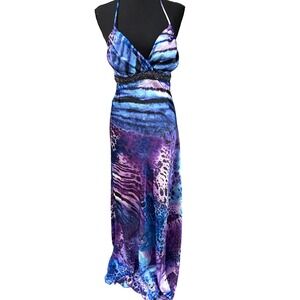 Taboo Y2K Halter Maxi Dress Purple Blue Animal Print Beaded Prom Gown 11/12 READ